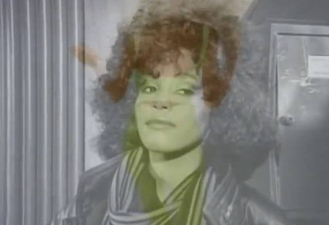 Whitney Houston with leopard print hair scarf and short curls in the music video