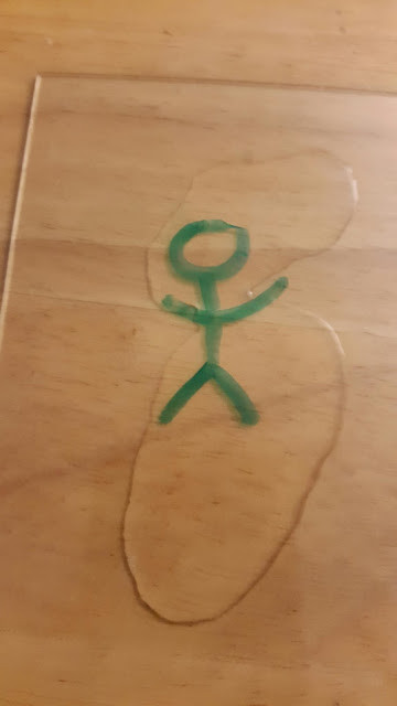 Blowing on water droplets to animate a stick figure drawing on glass