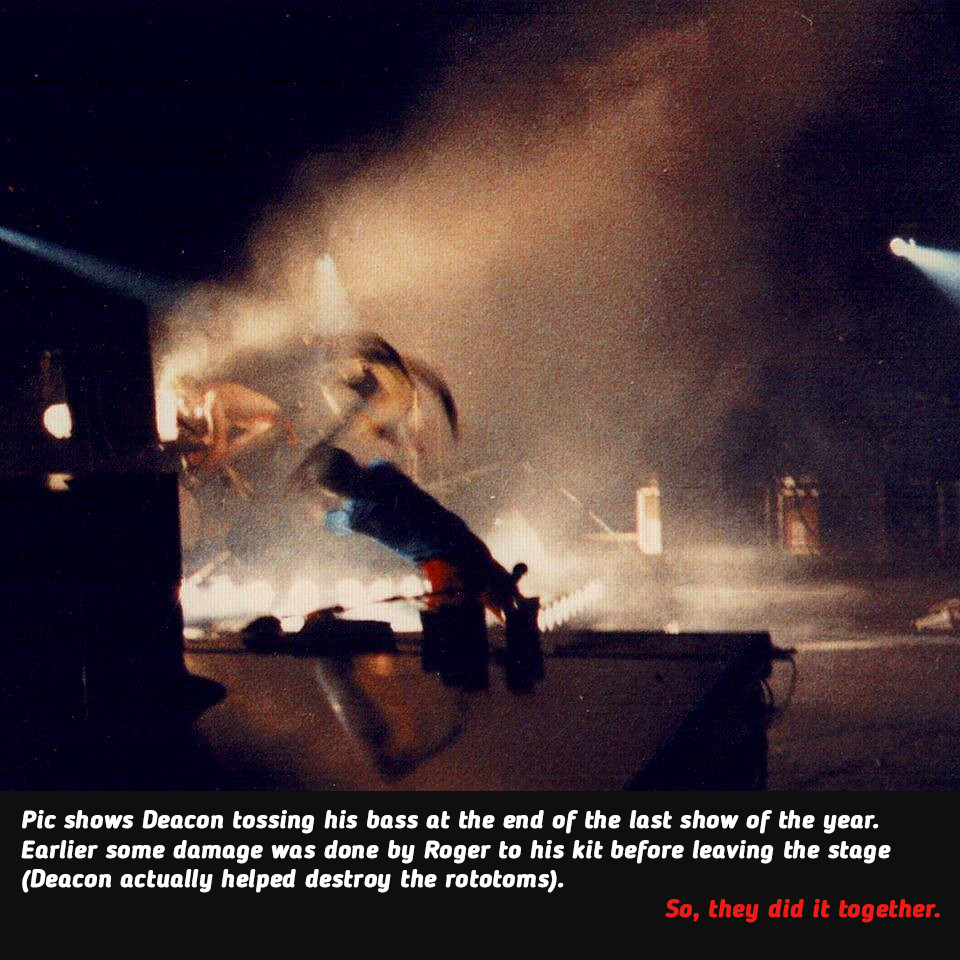 Live performance image of John Deacon, emphasizing his physical engagement during concerts