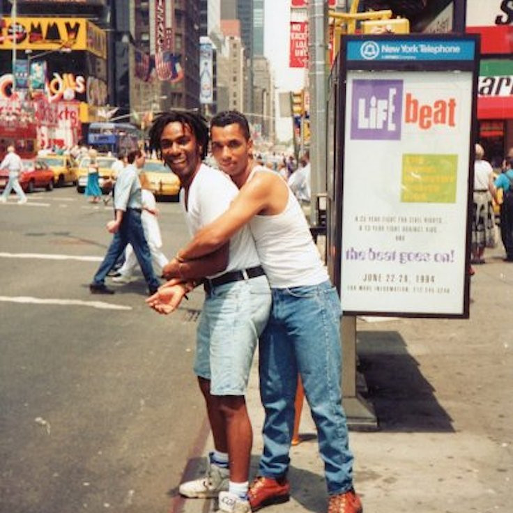 A nostalgic snapshot of Times Square, New York City in the 1980s, featuring Andy Polaris and Robb, capturing the energy of the era's iconic nightlife and eighties dance music culture.