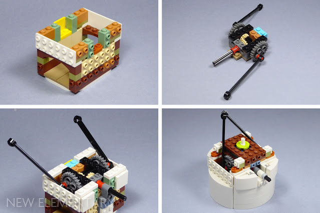 Step-by-step images of the initial stages of building the Lego Marvel Dancing Groot set, showing the construction of the internal mechanism and pot base.