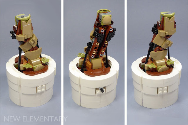 Progress shots of constructing the spine of the Dancing Groot LEGO figure, rising from the base pot and connecting the torso sections.