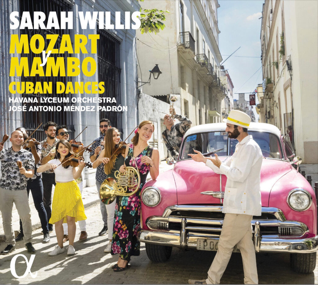 Sarah Willis's "Mozart y Mambo - Cuban Dances" album cover featuring a vibrant and colorful design with Cuban musical motifs.