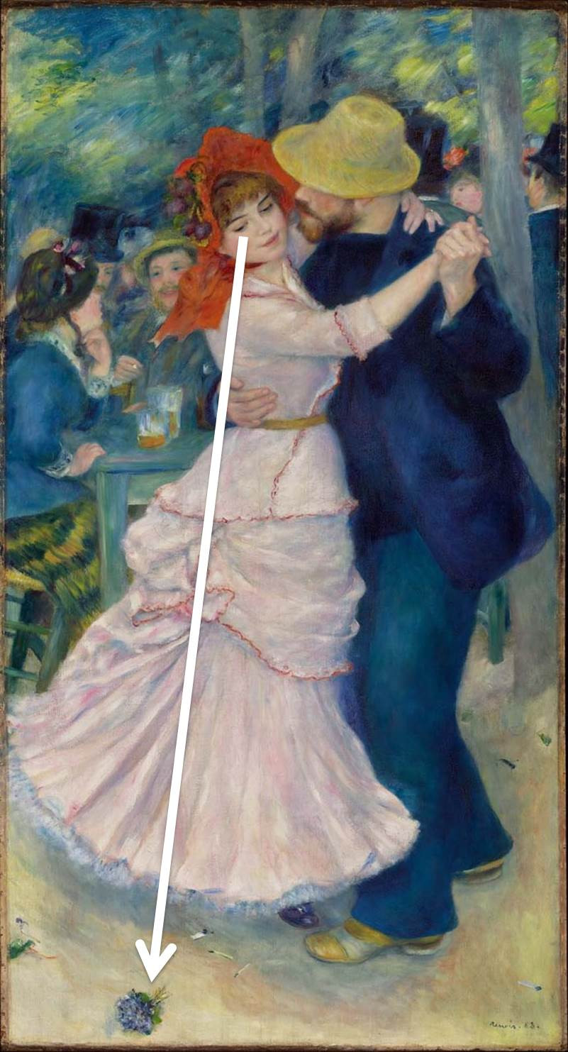 Line of sight analysis in Dance at Bougival, tracing the woman's gaze downwards to a flower on the floor. Symbolically connects her hesitation and contemplation about the fleeting nature of romance and the man's intentions.