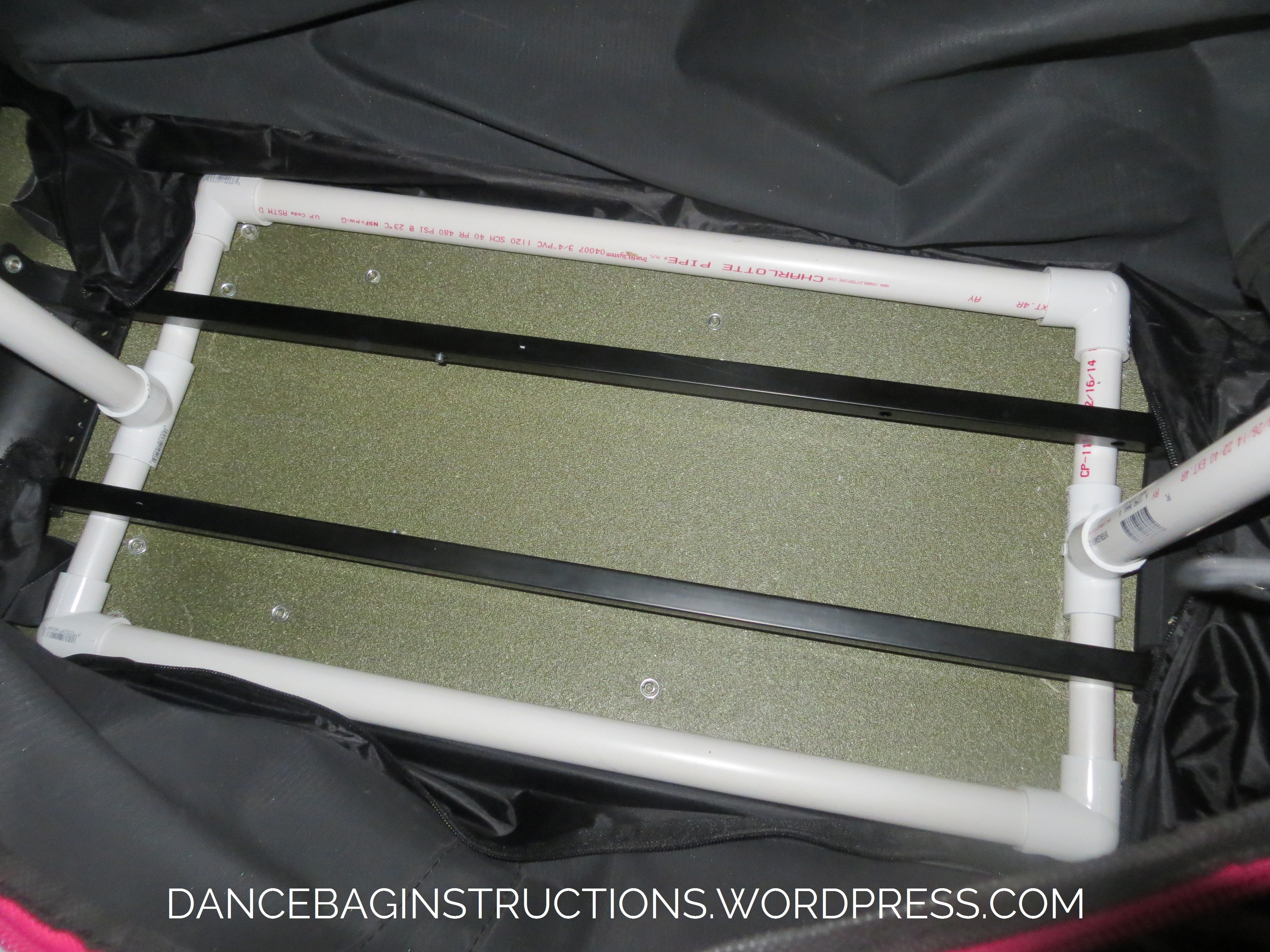 Base of DIY dance duffel bag with PVC rack