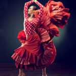 A flamenco dancer in a red dress performing with passion and intensity, showcasing the art of flamenco dance.