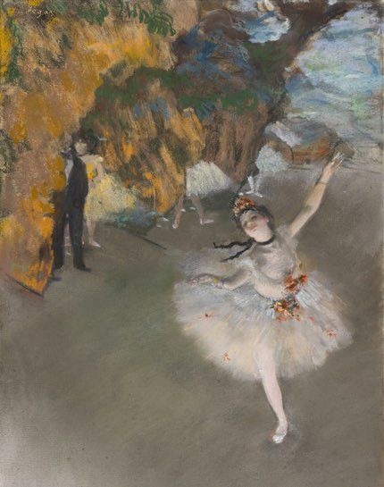 A single ballerina in a white tutu on stage with a dark figure in the background, captured in Edgar Degas' Ballet painting from 1876, displayed at Musée d’Orsay