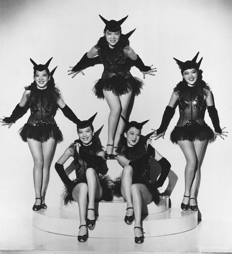 The Forbidden City chorus girls as the “Devilettes”, L-R: Mary Ong, Lily Pon, Bertha Hing, Dottie Sun, Mary Mammon, ca 1940s.