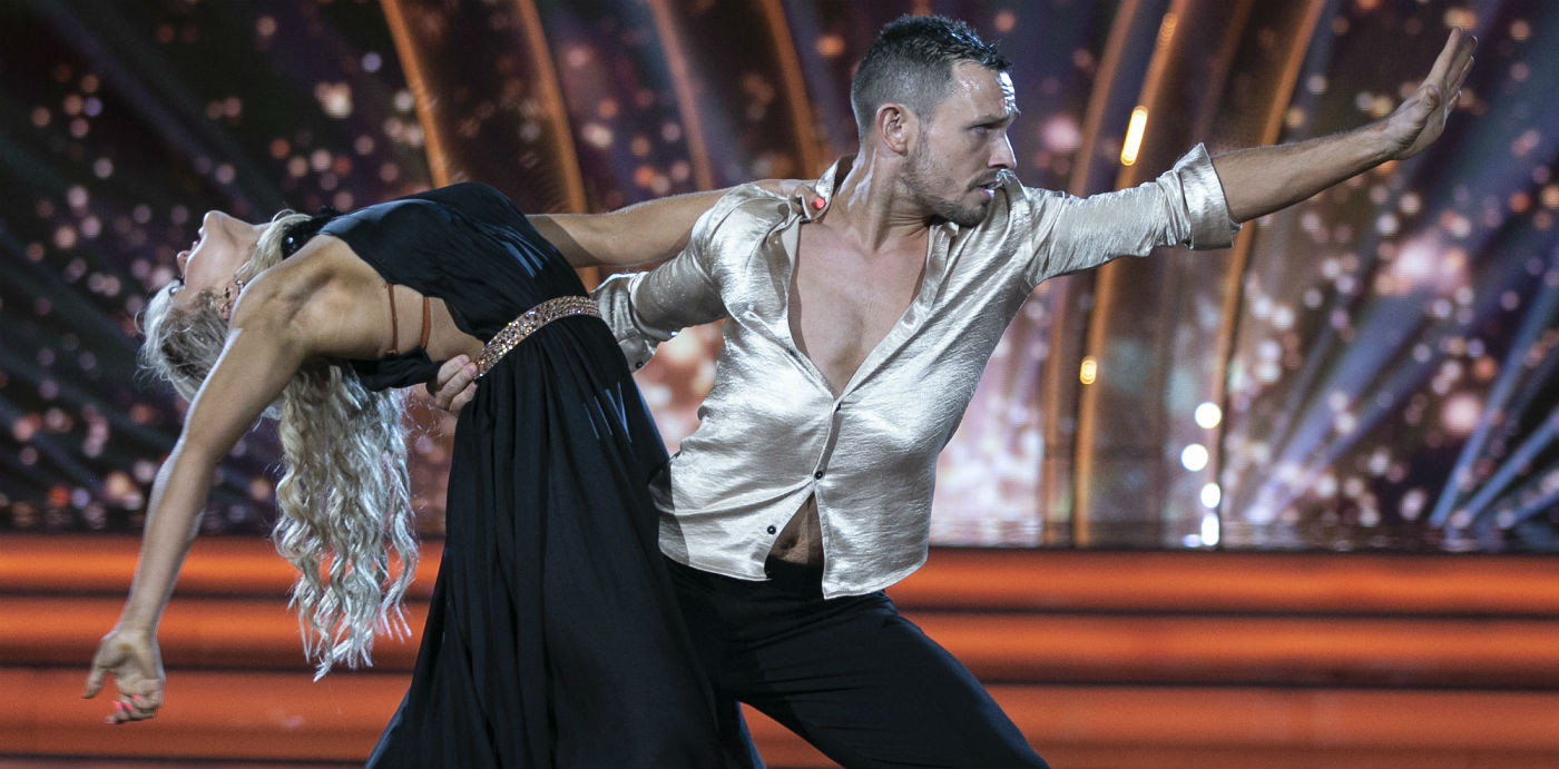 Johnny Ward and Emily Barker dancing a sensual Rumba on DWTS