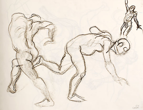 Figure drawing in crayon capturing a dynamic pose