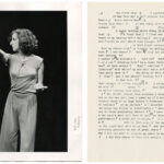 Trisha Brown performing Accumulation with Talking (1973). Photograph © 1979 The Estate of Nathanial Tileston; Right: A page from the transcript of Trisha's performance of Accumulation with Talking plus Water Motor (1979) at Maison de la Culture de Woluwe, Brussles, November 1, 1979.