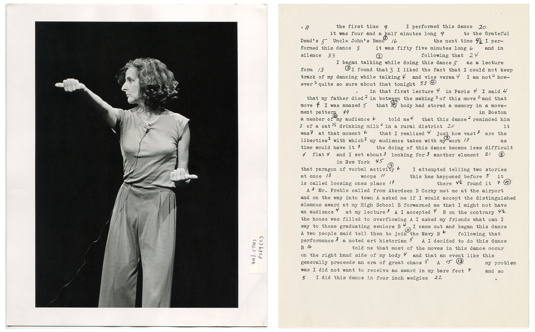 Trisha Brown performing Accumulation with Talking (1973). Photograph © 1979 The Estate of Nathanial Tileston; Right: A page from the transcript of Trisha's performance of Accumulation with Talking plus Water Motor (1979) at Maison de la Culture de Woluwe, Brussles, November 1, 1979.
