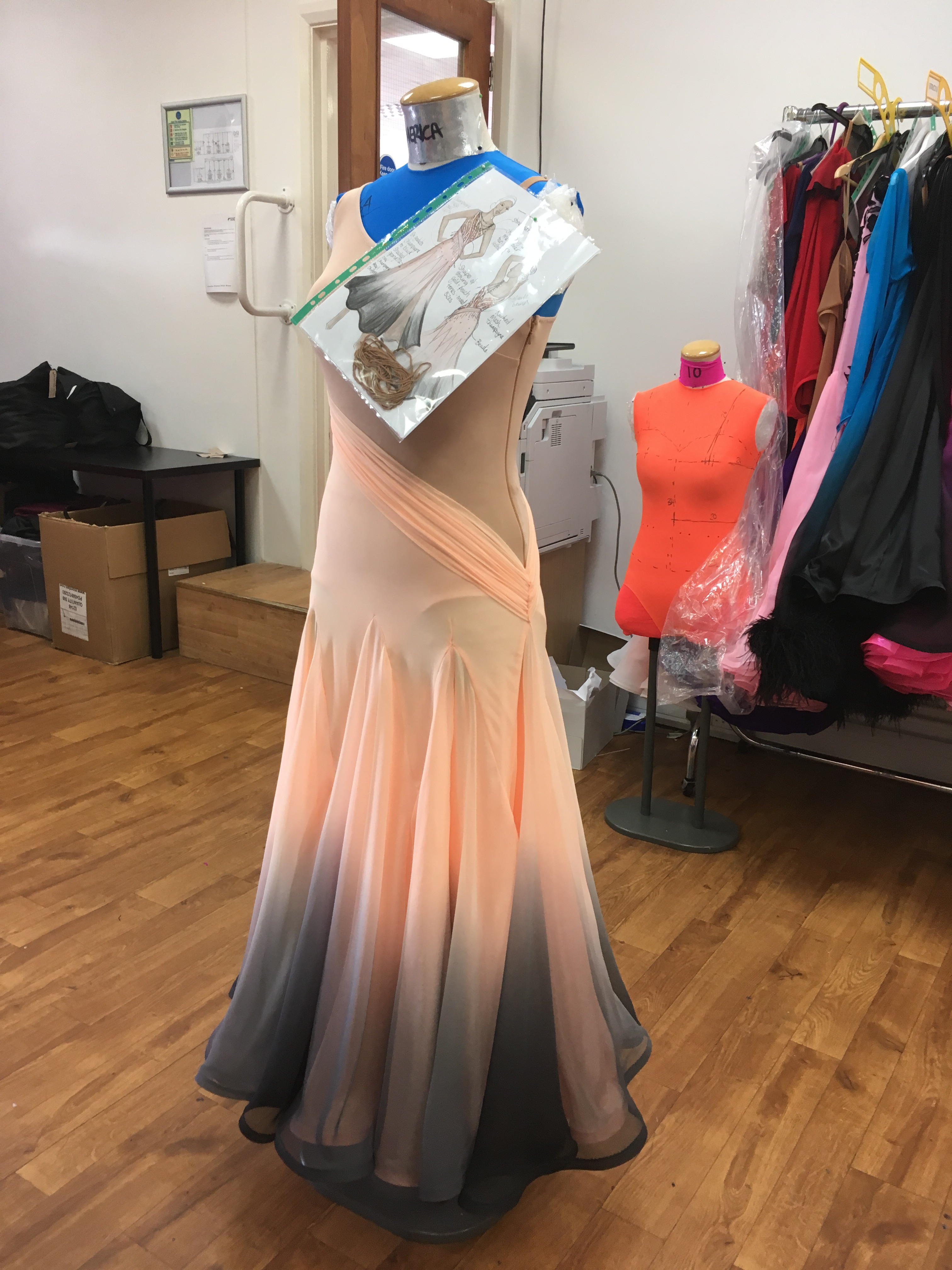 A dance costume design in progress, prior to the addition of embellishments, offering a glimpse into the foundational design before the sparkle is added.