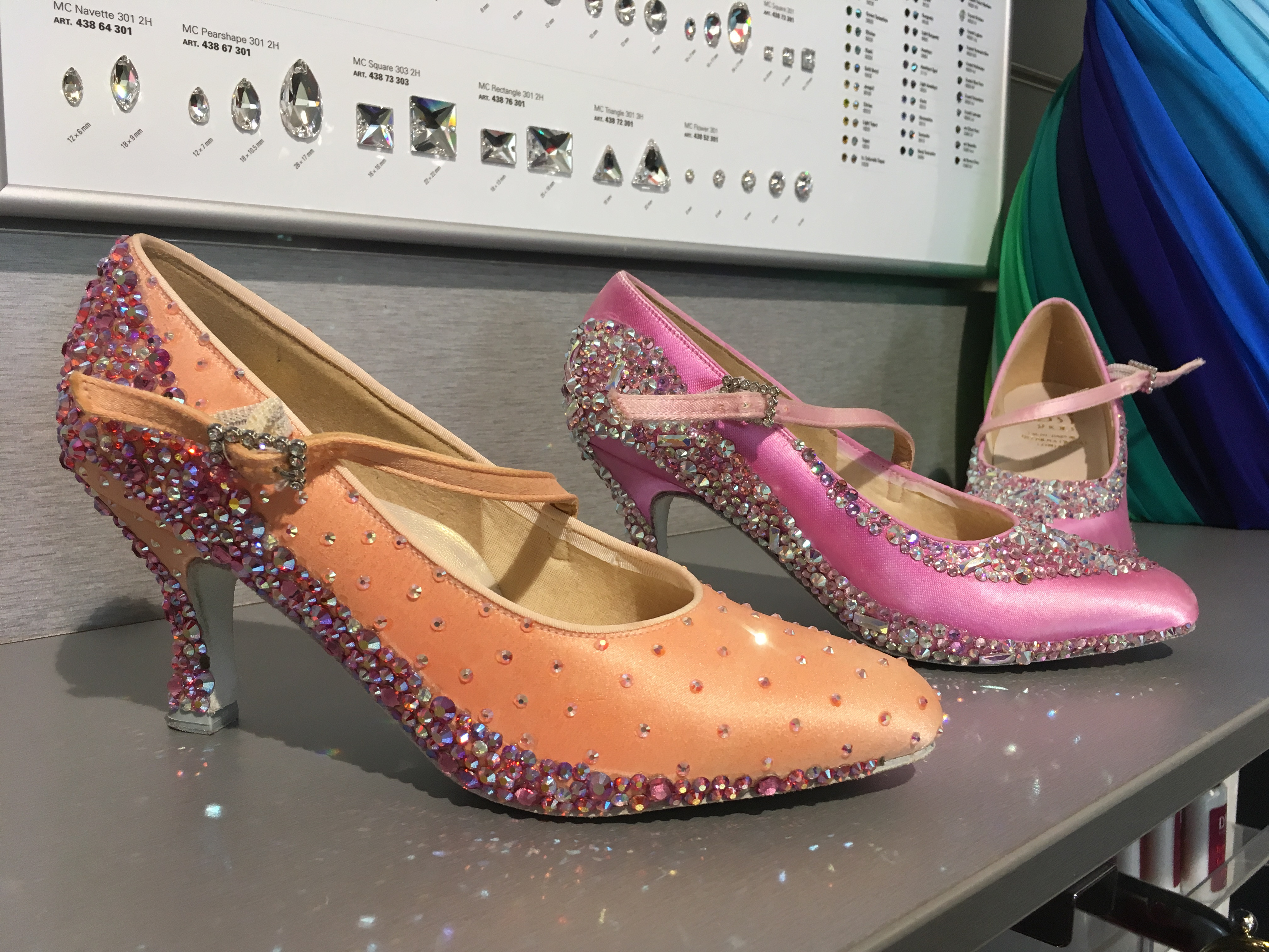 Custom-beaded ballroom dance shoes, highlighting the attention to detail and personalization in dance footwear, an essential part of a dancing costume.