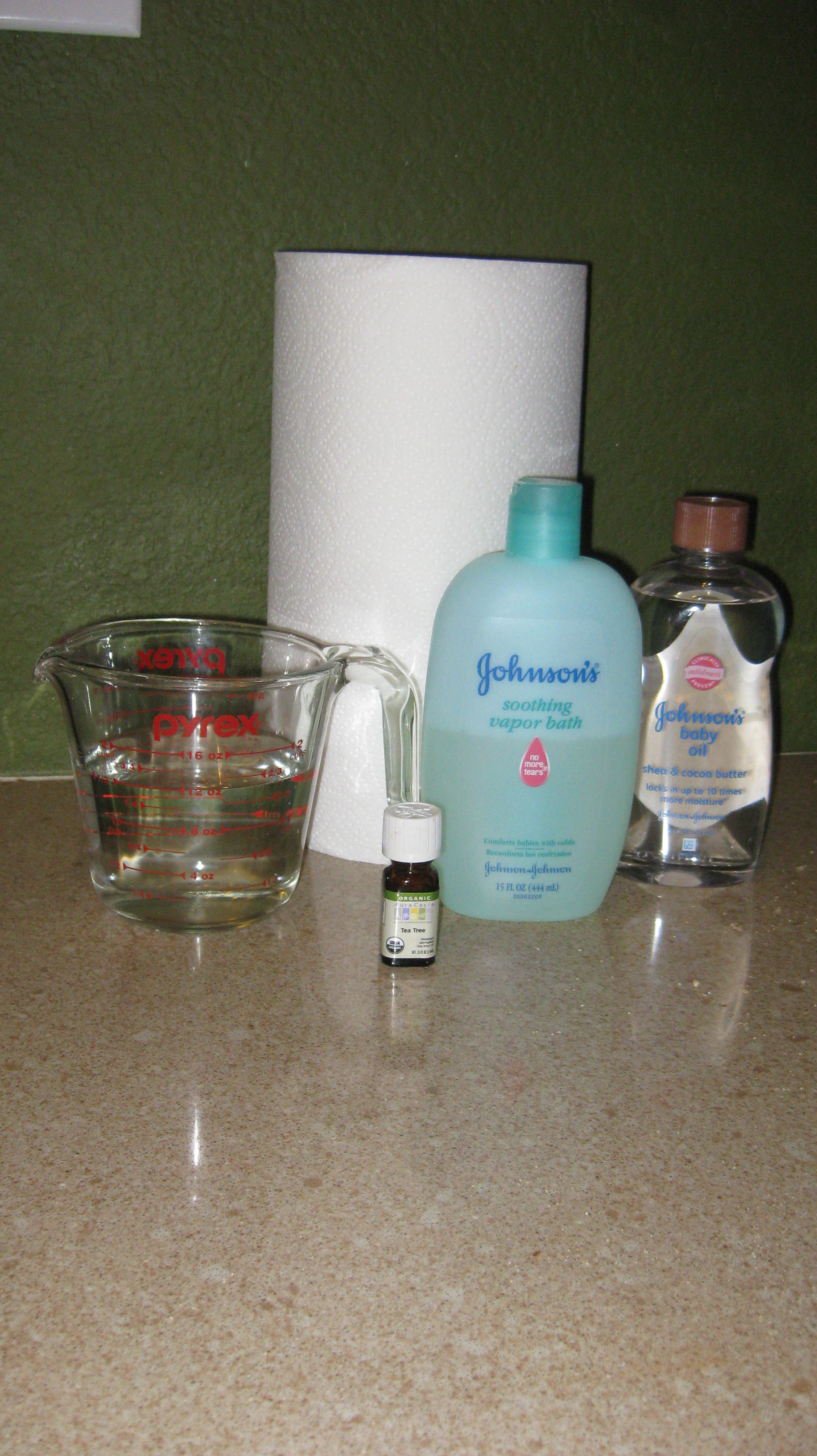 DIY Boogie Wipes recipe: Cut one Viva paper towel roll in half and stuff into a cylindrical container. Whisk together 1 1/2 c. water, 1 tbs soothing vapor bath, 1/2 tbs baby oil, and 2 drops tea tree oil. Pour mixture over the paper towel roll. Pull cardboard from the center of the paper towels. Voila! 
