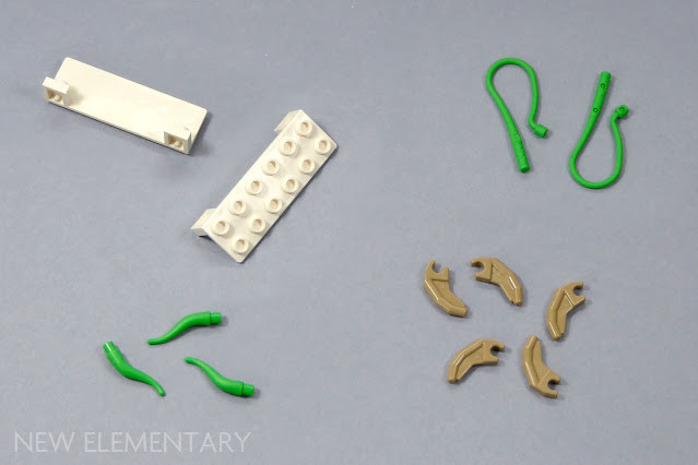 A variety of LEGO elements in new colors for the Dancing Groot set, showcasing exclusive recolors.