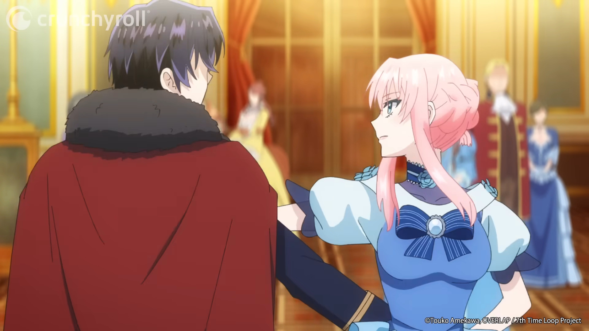 Two anime characters, a woman with long pink hair in a white and pink dress and a man with blue hair in a white and blue suit, are dancing closely in a ballroom with large windows and chandeliers.