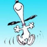 Snoopy joyfully performing his signature dance.