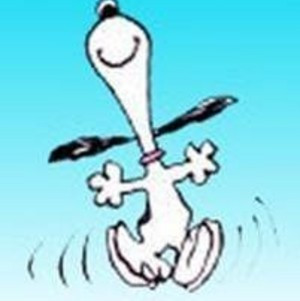 Snoopy joyfully performing his signature dance.