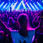 Woman wearing a neon green top at a black light dance, showcasing its vibrant glow under UV light.