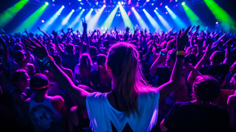 Woman wearing a neon green top at a black light dance, showcasing its vibrant glow under UV light.