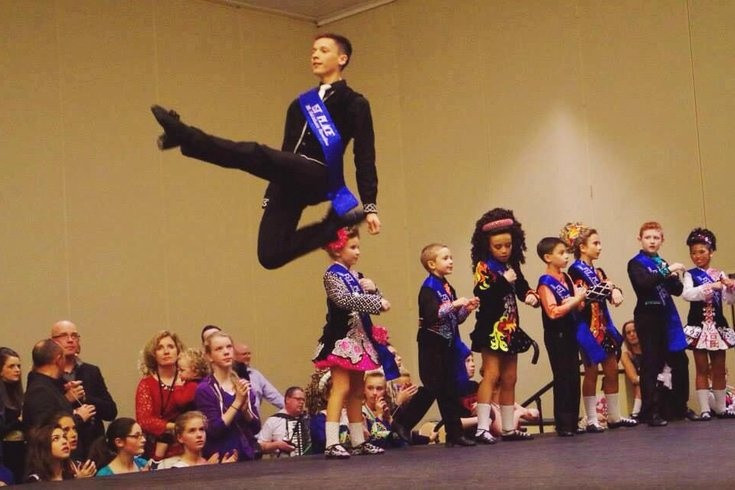 An Irish step dancer doing a leap
