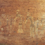 Rock painting of a dance performance, Tassili-n-Ajjer, Alg., attributed to the Saharan period of Neolithic hunters