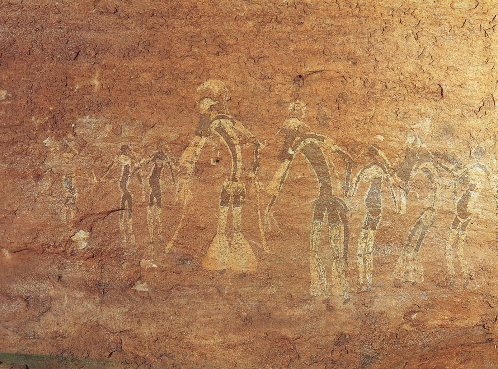 Rock painting of a dance performance, Tassili-n-Ajjer, Alg., attributed to the Saharan period of Neolithic hunters