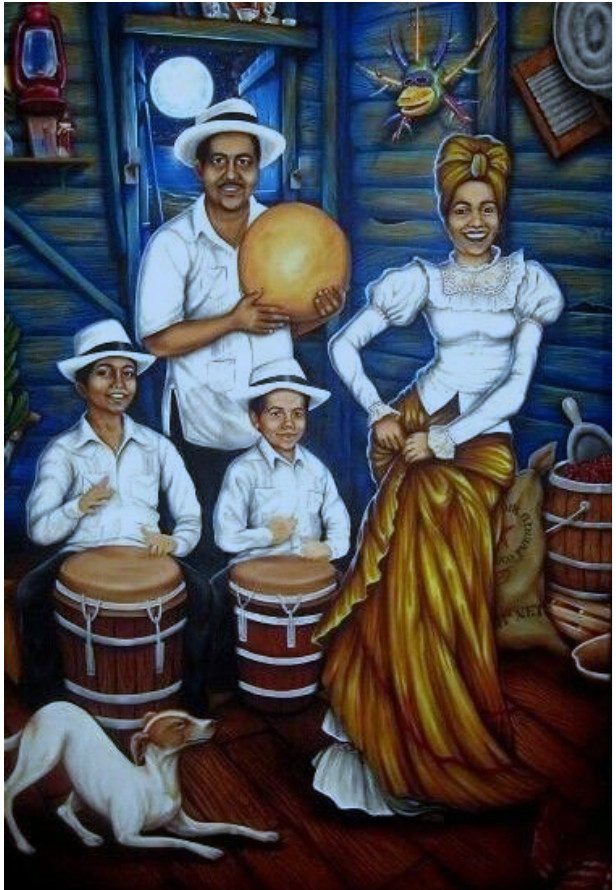 Bomba drums and musicians playing at an outdoor festival, showcasing cultural pride.