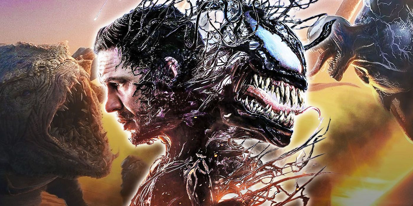 Venom The Last Dance images show Eddie and Venom in front of an image of Venom fighting in the film