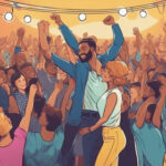 A couple dancing passionately, one lifting the other above their head, with a crowd cheering and clapping in the background